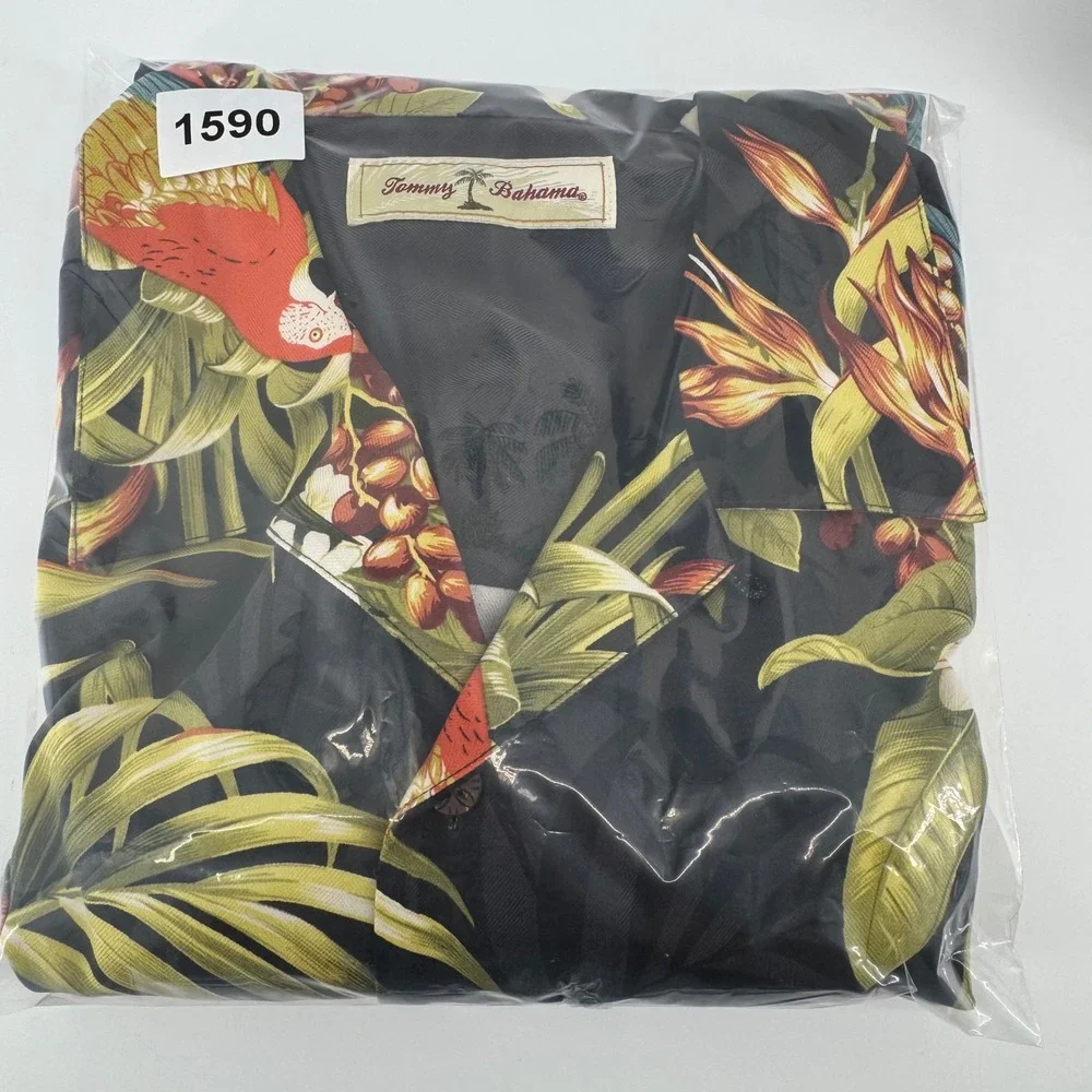 Tommy Bahama Mens S Silk Parrot Tropical Floral Camp Shirt Black Short Sleeve